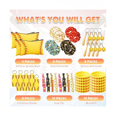 52 Pcs Softball Party Favors Gift Set Includes 4 Softball Makeup Bags 8 Hair Scrunchies 8 Keychains 8 Lipstick Holder 12 Hair...