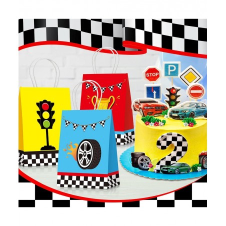 24 Pieces Race Car Party Bags Race Car Party Supplies Goodie Gift Bags Treat Bags with Handles for Checkered Flag Birthday Ra...