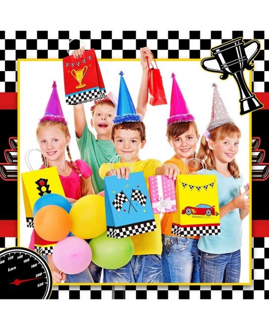 24 Pieces Race Car Party Bags Race Car Party Supplies Goodie Gift Bags Treat Bags with Handles for Checkered Flag Birthday Ra...