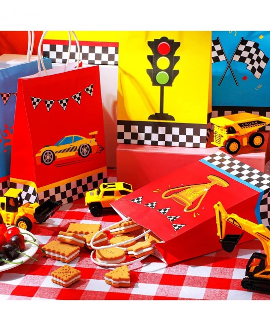 24 Pieces Race Car Party Bags Race Car Party Supplies Goodie Gift Bags Treat Bags with Handles for Checkered Flag Birthday Ra...