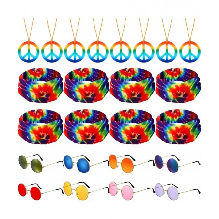 24 Pieces Hippie Costume Set Hippie Costume Accessories Peace Sign Necklaces Hippie Sunglasses Tie Dye Headband 60s Hippie Ac...