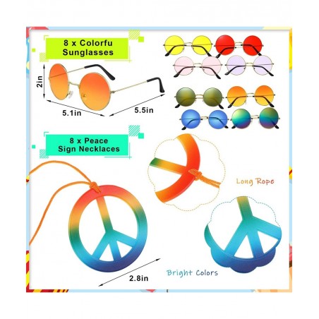 24 Pieces Hippie Costume Set Hippie Costume Accessories Peace Sign Necklaces Hippie Sunglasses Tie Dye Headband 60s Hippie Ac...