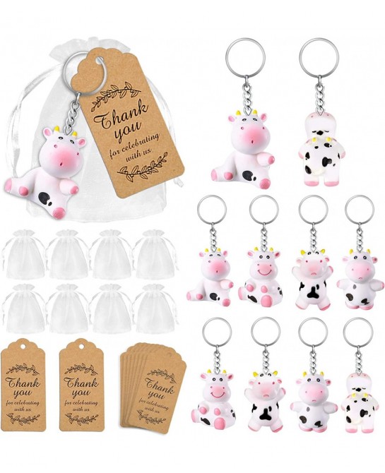 10 PCS Cow Party Favors with Cute Cow Key Chains Thank You Tags White Organza Bags for Farm Party Cow Themed Party Birthday P...