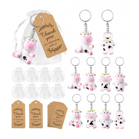10 PCS Cow Party Favors with Cute Cow Key Chains Thank You Tags White Organza Bags for Farm Party Cow Themed Party Birthday P...