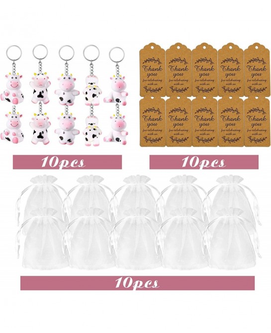 10 PCS Cow Party Favors with Cute Cow Key Chains Thank You Tags White Organza Bags for Farm Party Cow Themed Party Birthday P...