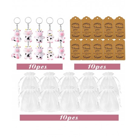 10 PCS Cow Party Favors with Cute Cow Key Chains Thank You Tags White Organza Bags for Farm Party Cow Themed Party Birthday P...