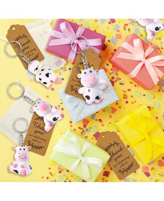 10 PCS Cow Party Favors with Cute Cow Key Chains Thank You Tags White Organza Bags for Farm Party Cow Themed Party Birthday P...