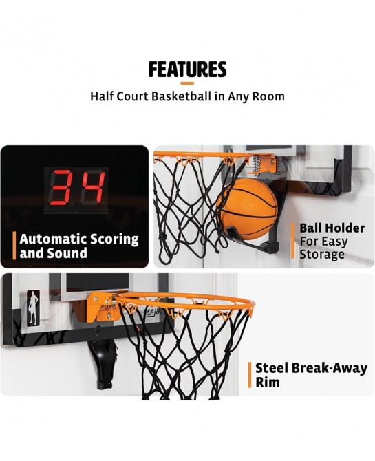 Buzzer Beater Over The Door Hanging Mini Basketball Hoop for Indoor Play - Automatic LED Scoring Pro-Style Backboard Breakawa...