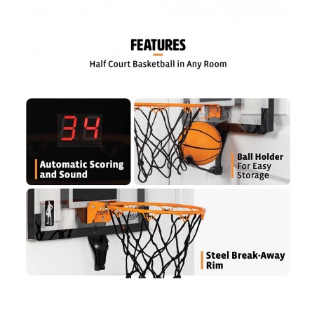 Buzzer Beater Over The Door Hanging Mini Basketball Hoop for Indoor Play - Automatic LED Scoring Pro-Style Backboard Breakawa...