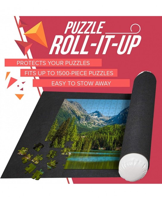 X Large Puzzle Roll Up Mat + Bonus Straps - Store and Transport Jigsaw Puzzles Up to 1500 Pieces - 46" x 26" Felt Mat Inflata...