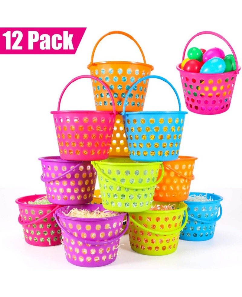 12 Pack Easter Baskets for Kids 8.6" Plastic Easter Bags with Handles Easter Bucket Bags Filled with Grass Perfect Theme Part...