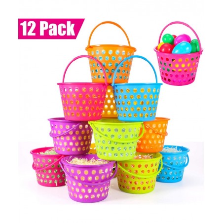 12 Pack Easter Baskets for Kids 8.6" Plastic Easter Bags with Handles Easter Bucket Bags Filled with Grass Perfect Theme Part...