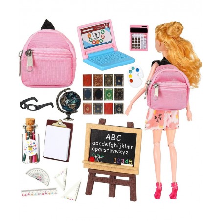 23 Pieces Doll School Supplies Mini School Supplies for Dolls Kit Including Mini Zipper Doll Backpack Blackboard Glasses Mini...