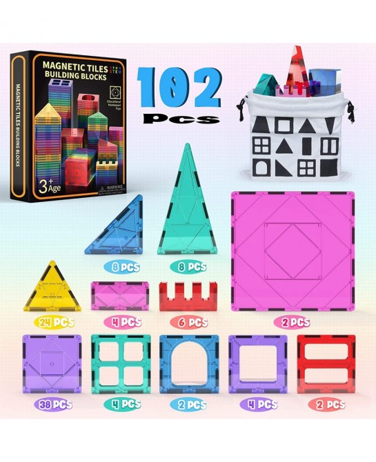Magnetic Tiles 102PCS Kids Magnet Toys for 3+ Year Old Boys and Girls STEM Magnetic Blocks Educational Construction Gift for ...