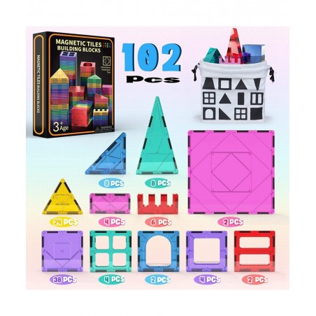 Magnetic Tiles 102PCS Kids Magnet Toys for 3+ Year Old Boys and Girls STEM Magnetic Blocks Educational Construction Gift for ...