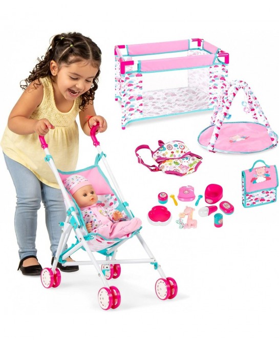 Kids 15-Piece 13.5in Newborn Baby Doll Nursery Role Play Playset w/ Stroller Travel Cot Play Mat Travel Bag Carrier Seat Acce...