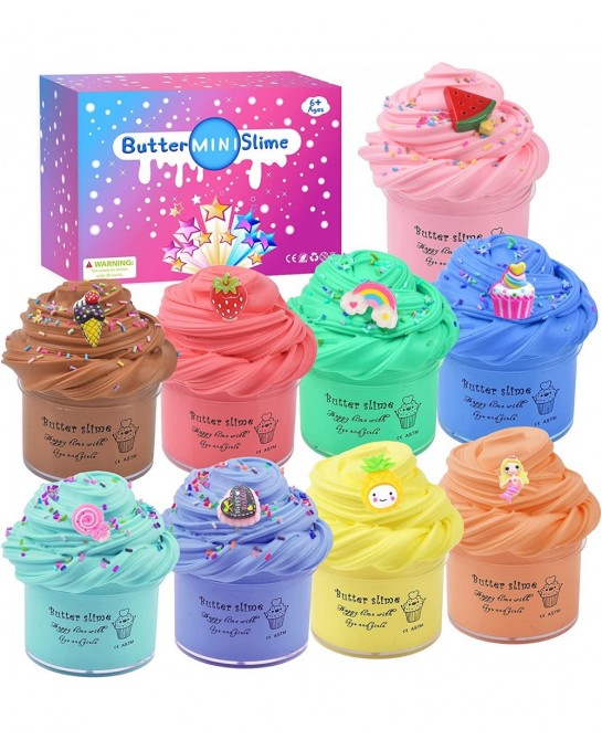 Butter Slime Kit 9 Pack Slime Party Favors with Cute Charms Bulk Mini Slime Putty Toy for Girls Boys Soft Stretch and Non-Sti...