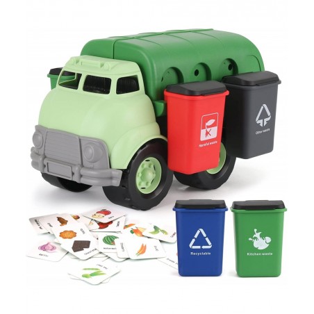 Big Plastic Garbage Truck Toy Waste Management Recycling Vehicle with 4 Trash Cans and Garbage Sorting Cards for Kids $47.15 ...