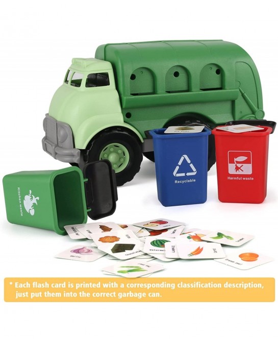 Big Plastic Garbage Truck Toy Waste Management Recycling Vehicle with 4 Trash Cans and Garbage Sorting Cards for Kids $47.15 ...