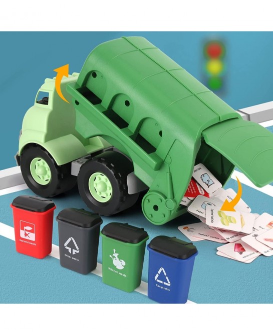 Big Plastic Garbage Truck Toy Waste Management Recycling Vehicle with 4 Trash Cans and Garbage Sorting Cards for Kids $47.15 ...
