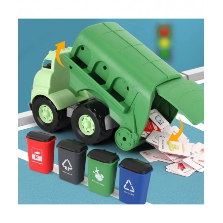 Big Plastic Garbage Truck Toy Waste Management Recycling Vehicle with 4 Trash Cans and Garbage Sorting Cards for Kids $47.15 ...