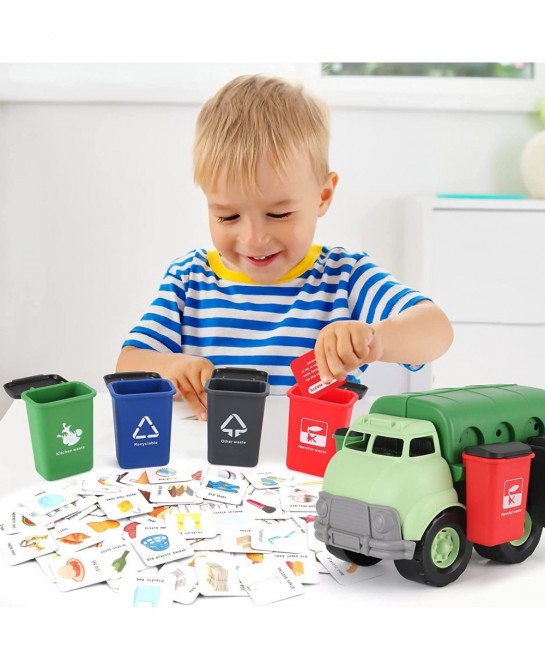 Big Plastic Garbage Truck Toy Waste Management Recycling Vehicle with 4 Trash Cans and Garbage Sorting Cards for Kids $47.15 ...