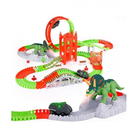 Dinosaur Toys Race Track 221PCS Flexible Train Track Playset with 2 Dinosaur Cars 1 Bridge & 360 Degree Ferris wheel Create A...