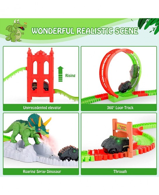 Dinosaur Toys Race Track 221PCS Flexible Train Track Playset with 2 Dinosaur Cars 1 Bridge & 360 Degree Ferris wheel Create A...