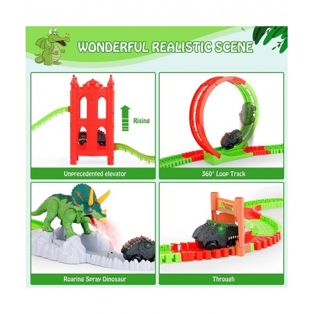 Dinosaur Toys Race Track 221PCS Flexible Train Track Playset with 2 Dinosaur Cars 1 Bridge & 360 Degree Ferris wheel Create A...