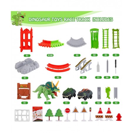 Dinosaur Toys Race Track 221PCS Flexible Train Track Playset with 2 Dinosaur Cars 1 Bridge & 360 Degree Ferris wheel Create A...