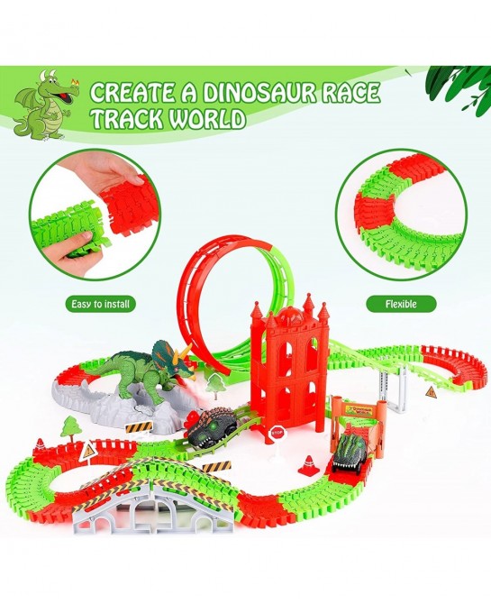 Dinosaur Toys Race Track 221PCS Flexible Train Track Playset with 2 Dinosaur Cars 1 Bridge & 360 Degree Ferris wheel Create A...