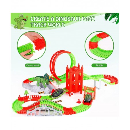 Dinosaur Toys Race Track 221PCS Flexible Train Track Playset with 2 Dinosaur Cars 1 Bridge & 360 Degree Ferris wheel Create A...