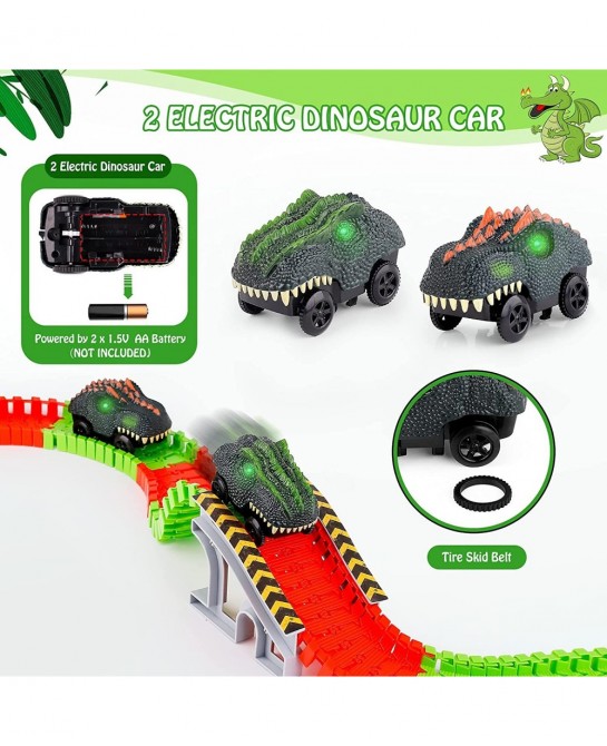 Dinosaur Toys Race Track 221PCS Flexible Train Track Playset with 2 Dinosaur Cars 1 Bridge & 360 Degree Ferris wheel Create A...