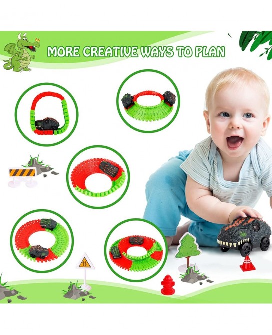 Dinosaur Toys Race Track 221PCS Flexible Train Track Playset with 2 Dinosaur Cars 1 Bridge & 360 Degree Ferris wheel Create A...