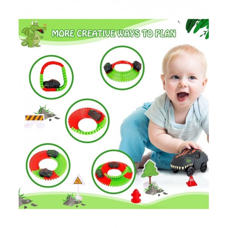 Dinosaur Toys Race Track 221PCS Flexible Train Track Playset with 2 Dinosaur Cars 1 Bridge & 360 Degree Ferris wheel Create A...