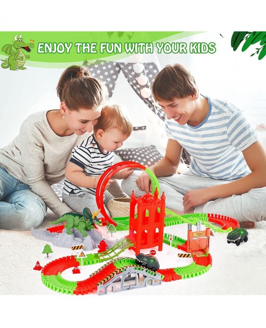Dinosaur Toys Race Track 221PCS Flexible Train Track Playset with 2 Dinosaur Cars 1 Bridge & 360 Degree Ferris wheel Create A...