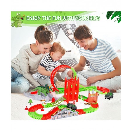 Dinosaur Toys Race Track 221PCS Flexible Train Track Playset with 2 Dinosaur Cars 1 Bridge & 360 Degree Ferris wheel Create A...