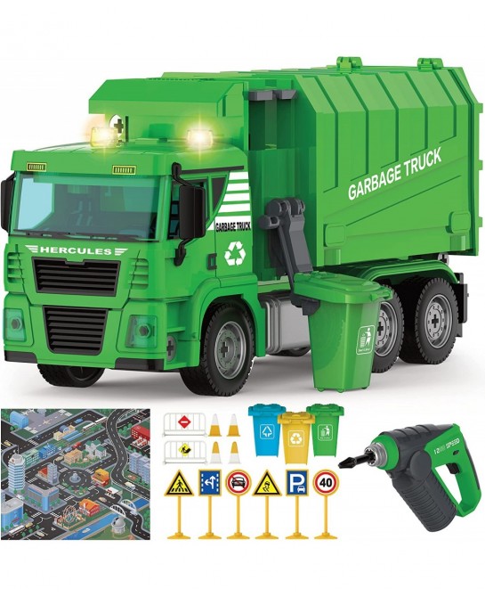 Garbage Truck Toy - 116 Pcs Friction Power Take Apart Toy STEM Toys w/ Drill Push & Go Lights & Sounds Sanitation Trash Truck...