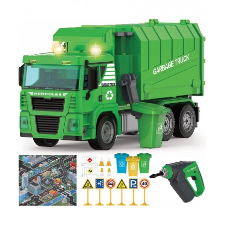 Garbage Truck Toy - 116 Pcs Friction Power Take Apart Toy STEM Toys w/ Drill Push & Go Lights & Sounds Sanitation Trash Truck...
