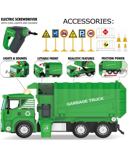 Garbage Truck Toy - 116 Pcs Friction Power Take Apart Toy STEM Toys w/ Drill Push & Go Lights & Sounds Sanitation Trash Truck...