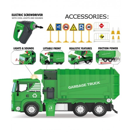 Garbage Truck Toy - 116 Pcs Friction Power Take Apart Toy STEM Toys w/ Drill Push & Go Lights & Sounds Sanitation Trash Truck...