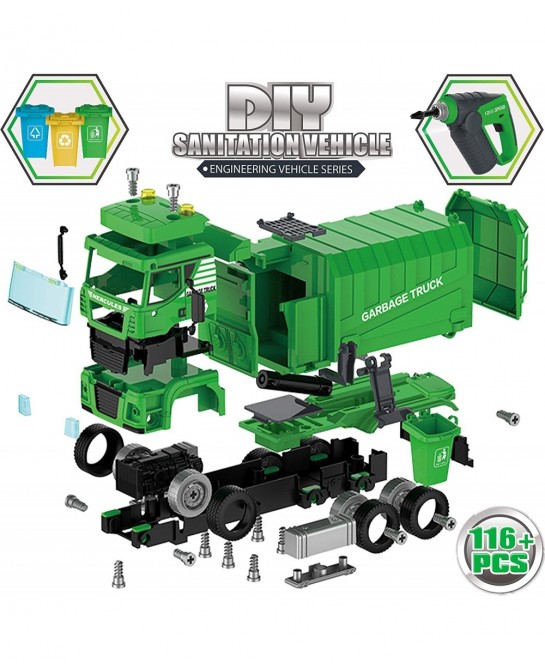Garbage Truck Toy - 116 Pcs Friction Power Take Apart Toy STEM Toys w/ Drill Push & Go Lights & Sounds Sanitation Trash Truck...