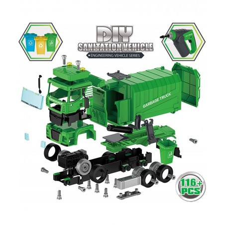 Garbage Truck Toy - 116 Pcs Friction Power Take Apart Toy STEM Toys w/ Drill Push & Go Lights & Sounds Sanitation Trash Truck...