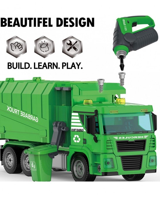 Garbage Truck Toy - 116 Pcs Friction Power Take Apart Toy STEM Toys w/ Drill Push & Go Lights & Sounds Sanitation Trash Truck...