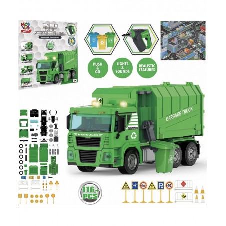 Garbage Truck Toy - 116 Pcs Friction Power Take Apart Toy STEM Toys w/ Drill Push & Go Lights & Sounds Sanitation Trash Truck...