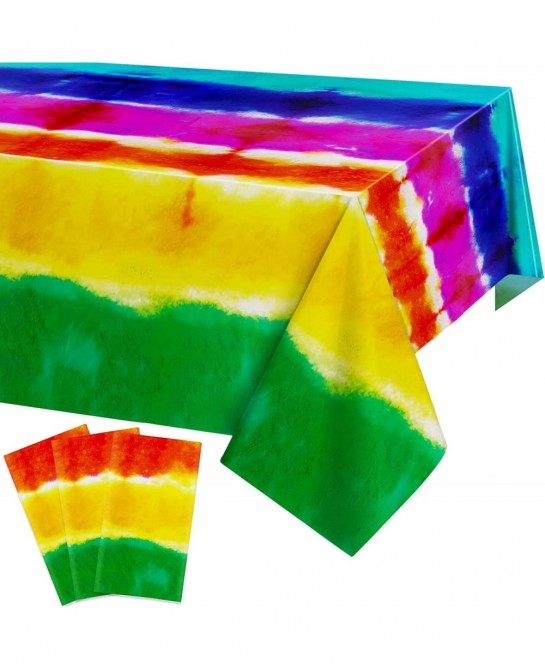 3 Packs Tie Dye Tablecloths Tie Dye Table Covers Rainbow Table Cover Disposable Plastic Tablecloth Rectangular Colorful Table...
