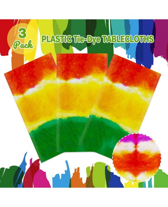 3 Packs Tie Dye Tablecloths Tie Dye Table Covers Rainbow Table Cover Disposable Plastic Tablecloth Rectangular Colorful Table...