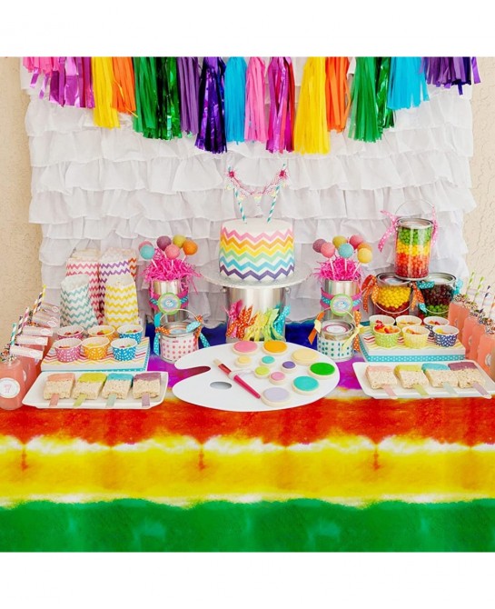 3 Packs Tie Dye Tablecloths Tie Dye Table Covers Rainbow Table Cover Disposable Plastic Tablecloth Rectangular Colorful Table...