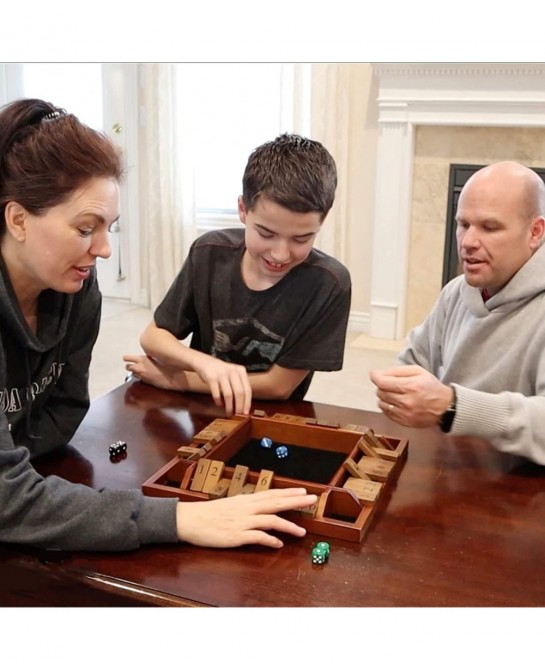 4 Player Shut The Box Dice Board Game with Lid - Natural Wood - Large Coffee Table Size - 14 Inches for Family and Adult Game...