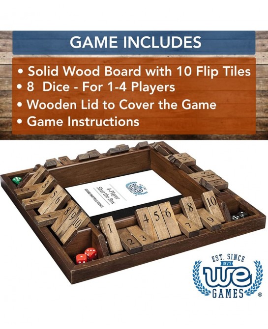 4 Player Shut The Box Dice Board Game with Lid - Natural Wood - Large Coffee Table Size - 14 Inches for Family and Adult Game...